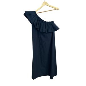 Never a Wallflower Cotton One Shoulder Navy Ruffle Midi Dress Small NWT